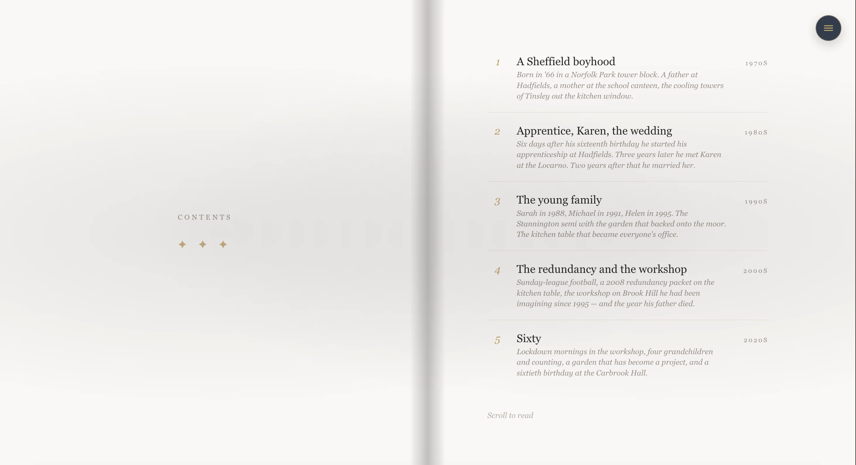 The contents page and a chapter opening of a printed Vivlore life-story book.