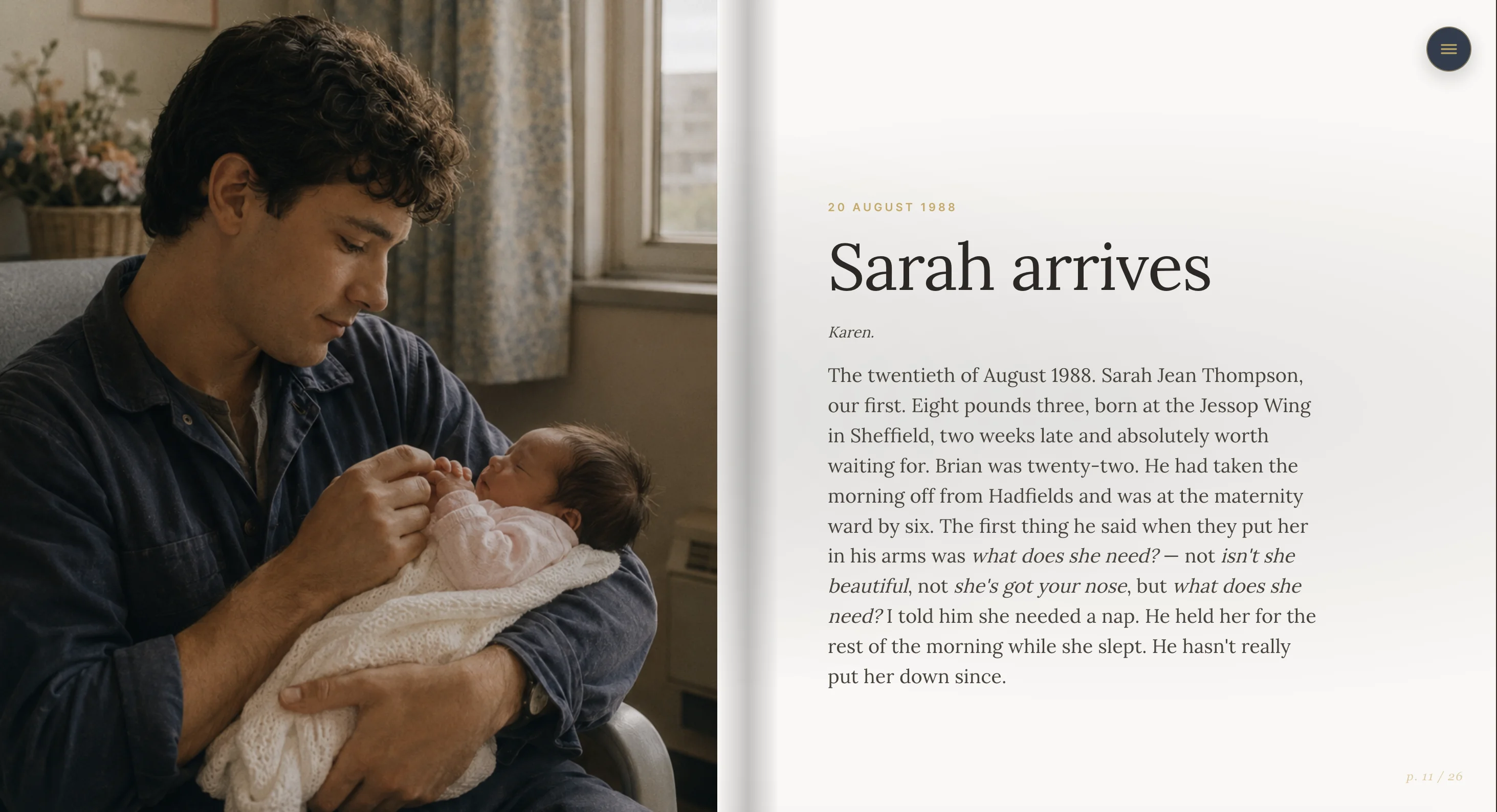 A photo-led memory spread: the photograph fills one page and the story faces it.